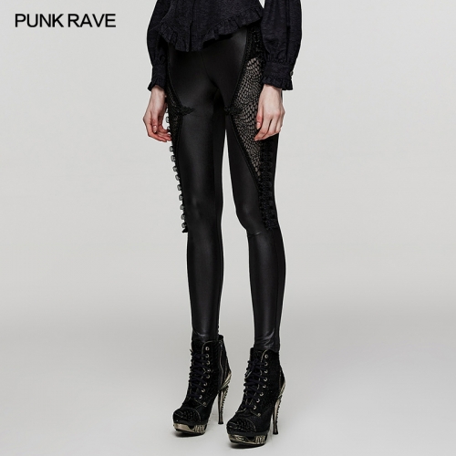 Punk Rave Slim Fit Symmetrical Segmentation Design Elastic Knit Fabric And Mesh Gothic Leggings