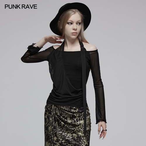 Punk Rave OPT-883TCF Slightly Flared Sleeves For Arm Modification Off Shoulder Halter Neck Elastic Mesh Long Sleeve T-Shirt