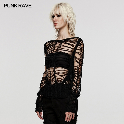 Punk Rave WM-078TMF Unique Weaving Structure Woven Soft Wool Fabric Decadent And Personalized Punk Sexy Hollow Short Sweater