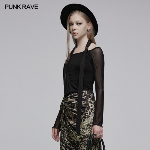 Punk Rave OPT-883TCF Slightly Flared Sleeves For Arm Modification Off Shoulder Halter Neck Elastic Mesh Long Sleeve T-Shirt