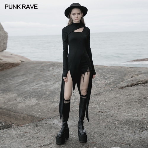 Punk Rave OPQ-868LQF Asymmetrical Oblique Structure Design Hollow-Out Design On Sleeves And Front Chest Dark Knitted Slim Dress