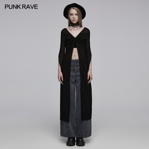 Punk Rave OPM-255KMF Twisted And Interwoven Structure Design U-Shaped Neckline Reversible Linen Feel Woolen Long Coat