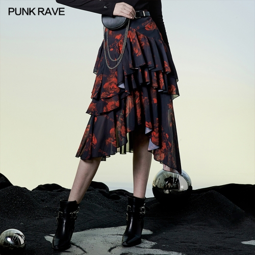 Punk Rave OPQ-1138BQF Revealing The Slender Ankle Small A-Shape Warning Series High Waist Chiffon Print Skirt