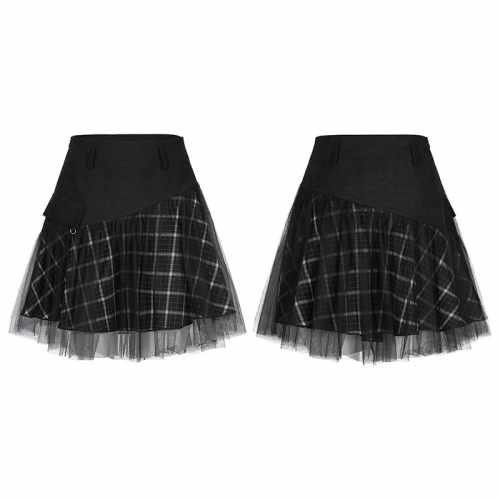 Punk Rave OPQ-892BQF Twilled Velvet Fabric Stitching Plaid And Mesh Fabric Punk Series Mesh Stitched Plaid High-Waisted Skirt