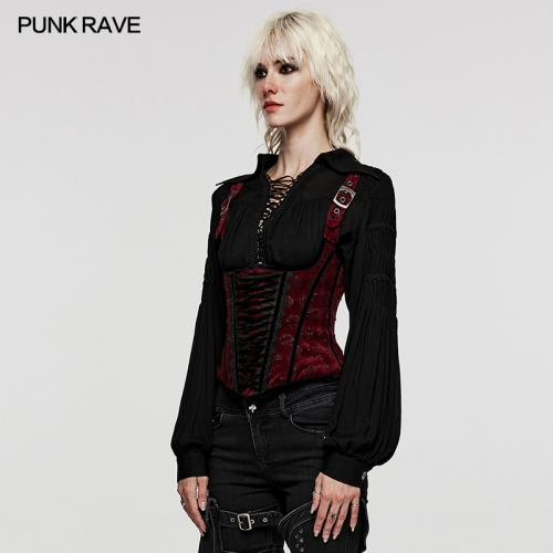 Punk Rave Back Drawstrings Adjustable Shoulder Loop Rose-Patterned Laser Horse Faux Wool Fabric Goth Corset