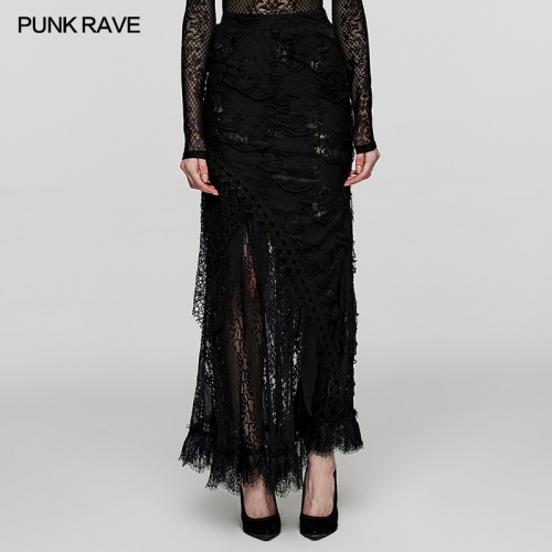 Punk Rave WQ-673BQF Side Invisible Zipper Ripped Knit Fabric And Double-Layer Of Mesh And Lace Goth Long Skirt