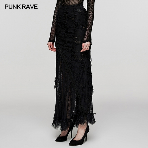 Punk Rave WQ-673BQF Side Invisible Zipper Ripped Knit Fabric And Double-Layer Of Mesh And Lace Goth Long Skirt