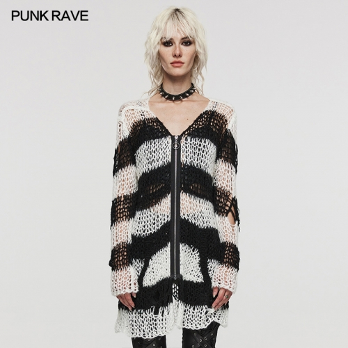 Punk Rave WM-077KMF Irregular Personality Holes Front Zipper With Exquisite Skull Pendant Woven Soft Wool Punk Striped Cardigan Sweater
