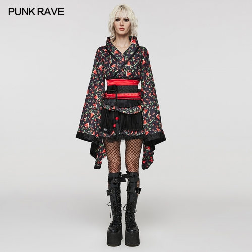 Punk Rave WLQ-001LQF Sexy And Cute Four Piece Set Slight Elastic Printed Woven Fabric Lolita Printed Kimon