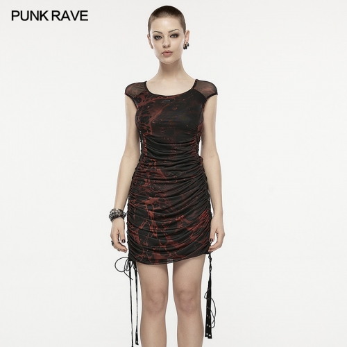 Punk Rave OPQ-1403LQF Eyelet Webbing Drawstring Short-Sleeve Round Neck Wrapped Skirt Two-Piece Wormhole Print Gauze Dress