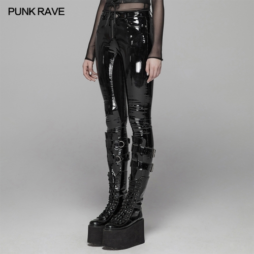 Punk Rave Simple Styling Tight Version Placket Zipper Buckle Loop Punk Patent Leather Pants
