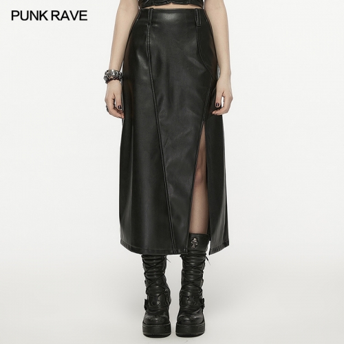 Punk Rave OPQ-1399BQF Invisible Zipper Oblique Slit Line A-Line High Waist Split Faux Leather Skirt