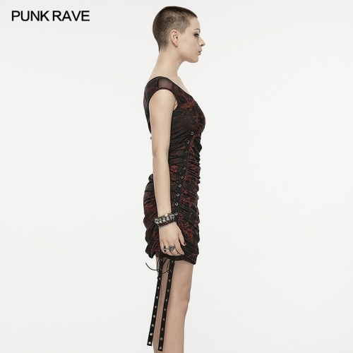 Punk Rave OPQ-1403LQF Eyelet Webbing Drawstring Short-Sleeve Round Neck Wrapped Skirt Two-Piece Wormhole Print Gauze Dress