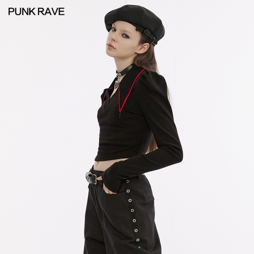 Punk Rave OPT-808TCF Deep V-Shape Neckline Collect Waist V-Neck Pointed Color Princess Long Lantern Sleeve T-Shirt