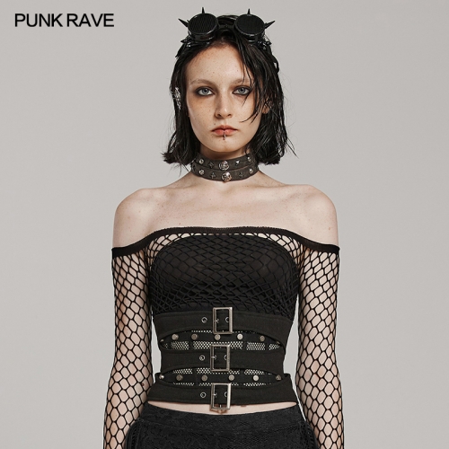 Punk Rave Double Layered Design With Mesh On The Bottom Inelastic Woven Fabric And Mesh Punk Corset