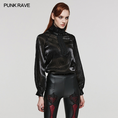 Punk Rave Noble And Gorgeous Rich Design Details Collar Raglan Lantern Sleeves Rose Flocked Mesh Fabric Goth Gorgeous Shirt