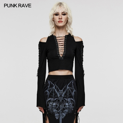 Punk Rave WT-829TCF Sexy Deep V And Hollow Arm Elastic Drawstring Cropped Bodice High Waistline To Enhance Leg Length Goth T-Shirt