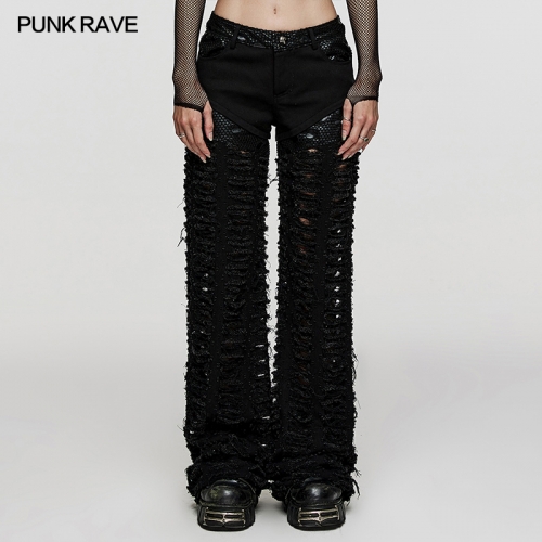Punk Rave Personalized Ripped Rich Structural Lines And Splicing Forms Fabric Decadent Rubberized Twill Mesh Trousers