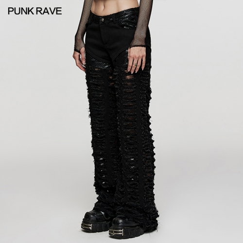 Punk Rave Personalized Ripped Rich Structural Lines And Splicing Forms Fabric Decadent Rubberized Twill Mesh Trousers