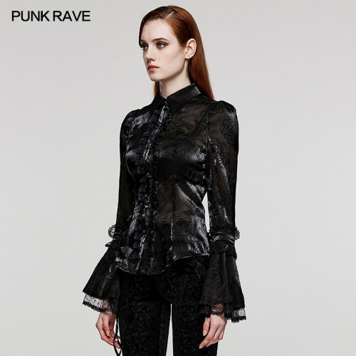 Punk Rave Exquisite Gothic Lace Decoration Rose Patterned Woven Fabric Olita Patterned Flared Sleeves Shirt