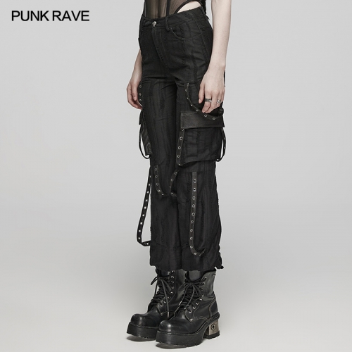 Punk Rave WK-596XCF Irregular Geometric Pattern Panels Movable Eyelet Webbing Design Cool Techwear Trousers