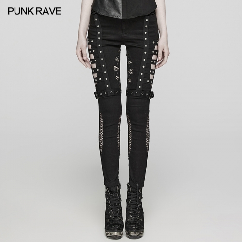 Punk Rave WK-615NCF Mesh Splicing Asymmetrical Hollow Layered Design Stretch Denim And Mesh Fabric Punk Hollow Washed Jeans