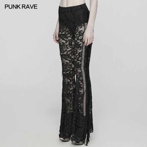 Punk Rave WK-610XCF See-Through Slim-Fitting Flared Trousers Chic Large Flared Leg And Lace On The Hem Goth Lace Trousers