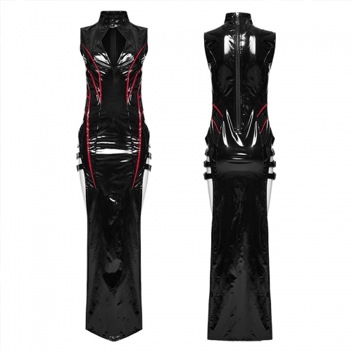 Punk Rave WQ-678LQF Thick Metal Zipper Decoration Glossy Elastic Faux Leather Sexy Punk Slit Dress