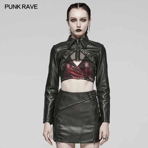 Punk Rave WY-1568PDF Handsome Style With Mesh Cutout In The Front Artificial Leather And Mesh Fabric Punk Short Jacket