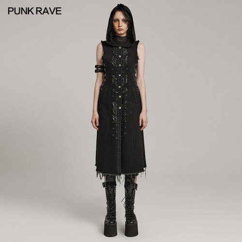 Punk Rave WY-1574MJF Drawstring Combining Front And Back And Fabric Edge Design Punk Decayed Long Vest