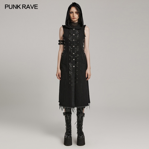 Punk Rave Cool Coat Safety Pins WY-1574MJF Drawstring Combining Front And Back And Fabric Edge Design Punk Decayed Long Vest