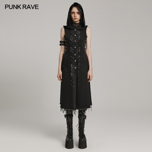 Punk Rave Cool Coat Safety Pins WY-1574MJF Drawstring Combining Front And Back And Fabric Edge Design Punk Decayed Long Vest