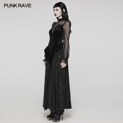 Punk Rave Gothic Lace Lining Organ Edge Goth Lace Dress Elastic Velvet Mesh And Lace