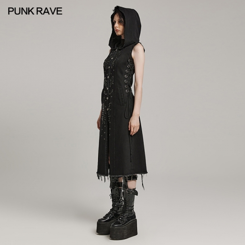 Punk Rave WY-1574MJF Drawstring Combining Front And Back And Fabric Edge Design Punk Decayed Long Vest