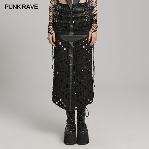 Punk Rave WQ-687BQF Adjustable Eyelet Tie Tattered Punching Twill And Twill Taping Fabric Punk Cross Hollowed Slit Skirt