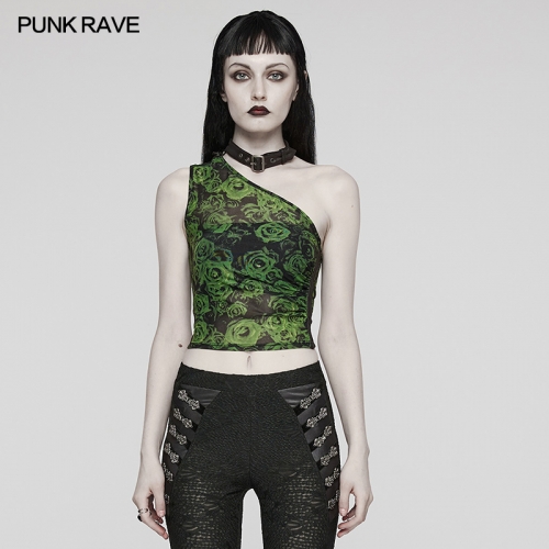 Punk Rave WT-857BXF Asymmetric Off Shoulder Design Printed Mesh Fabric And Rubberized Fabric Sexy Mesh Printed Top