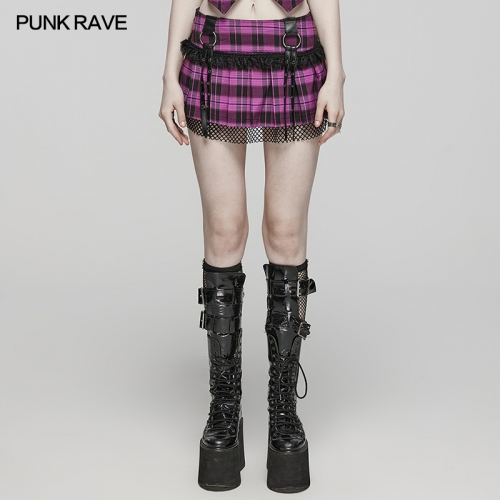 Punk Rave WQ-719BQF Eyelet Decorative Faux Leather Tab And Pretty Cute Lace Sweet And Cool Hot Punk Girl Pleated Skirt Sweet Punk Pleated Skirt
