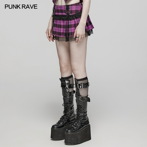 Punk Rave WQ-719BQF Eyelet Decorative Faux Leather Tab And Pretty Cute Lace Sweet And Cool Hot Punk Girl Pleated Skirt Sweet Punk Pleated Skirt