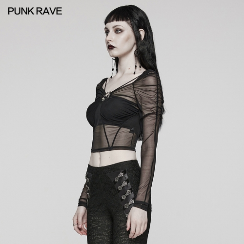Punk Rave Special Structure Divergent Creases Large Square Collar Goth Long Sleeve Mesh T-Shirt