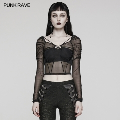 Punk Rave Special Structure Divergent Creases Large Square Collar Goth Long Sleeve Mesh T-Shirt