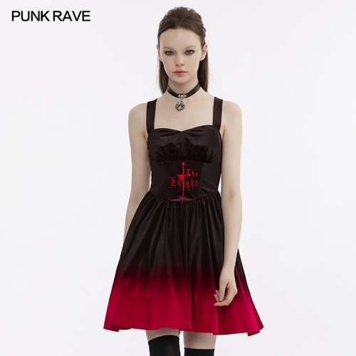 Punk Rave Soft And Comfortable Elastic Velvet Fabric Dark Gothic The Knight Embroidered Slip Dress Color Gradient At Skirt Hem