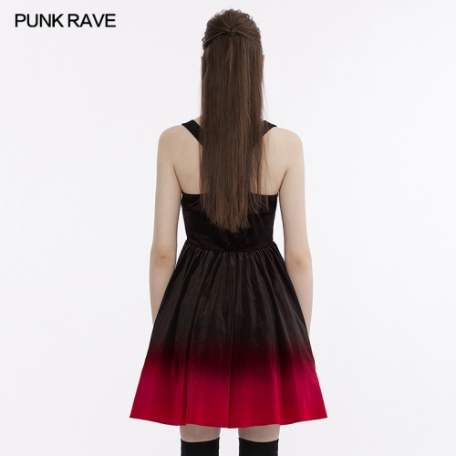 Punk Rave Soft And Comfortable Elastic Velvet Fabric Dark Gothic The Knight Embroidered Slip Dress Color Gradient At Skirt Hem