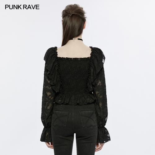 Punk Rave V-Shape Ruffled Neckline Drawstring Ruffled Square Neck Tops Micro-Perspective Textured Chiffon Fabric
