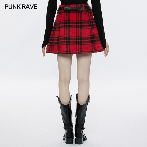 Punk Rave OPQ-1318DQF Rigid Cracked Fine Faux Leather Comfortable And Warm Plaid Splicing Skirt