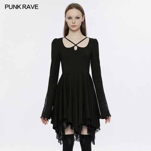 Punk Rave OPQ-1335LQF Water-Drop Shape Gothic Asymmetric Pointed Hem Dress Gothic Flare Sleeve