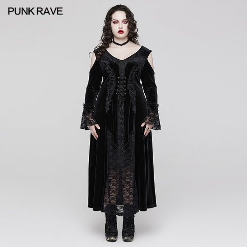 Punk Rave Adjustable Drawstring Large Sleeve Hollow Out Design Large V-Neck Goth Sexy Lace Dress