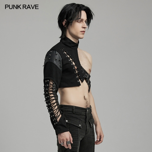 Punk Rave Unrestrained Look Drawstring Design Asymmetric Hollow Out Punk Asymmetric One Arm Harness