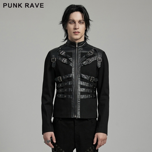 Punk Rave WY-1628XCM Unique Punk Style Eyelet Loop Straps Rubberized Woven Fabric Punk Handsome Coat