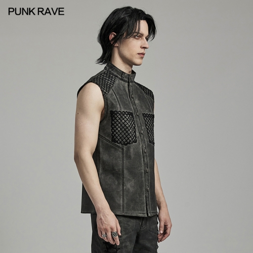 Punk Rave WY-1622CWM A Fitted Vest Silhouette Mesh Patch Pockets Wasteland Men's Sleeveless Shirt