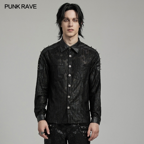 Punk Rave WY-1613CCM Micro Elastic Damaged Knitted And Rubberrized Fabric Minimalist Design Punk Handsome Spiked Shirt
